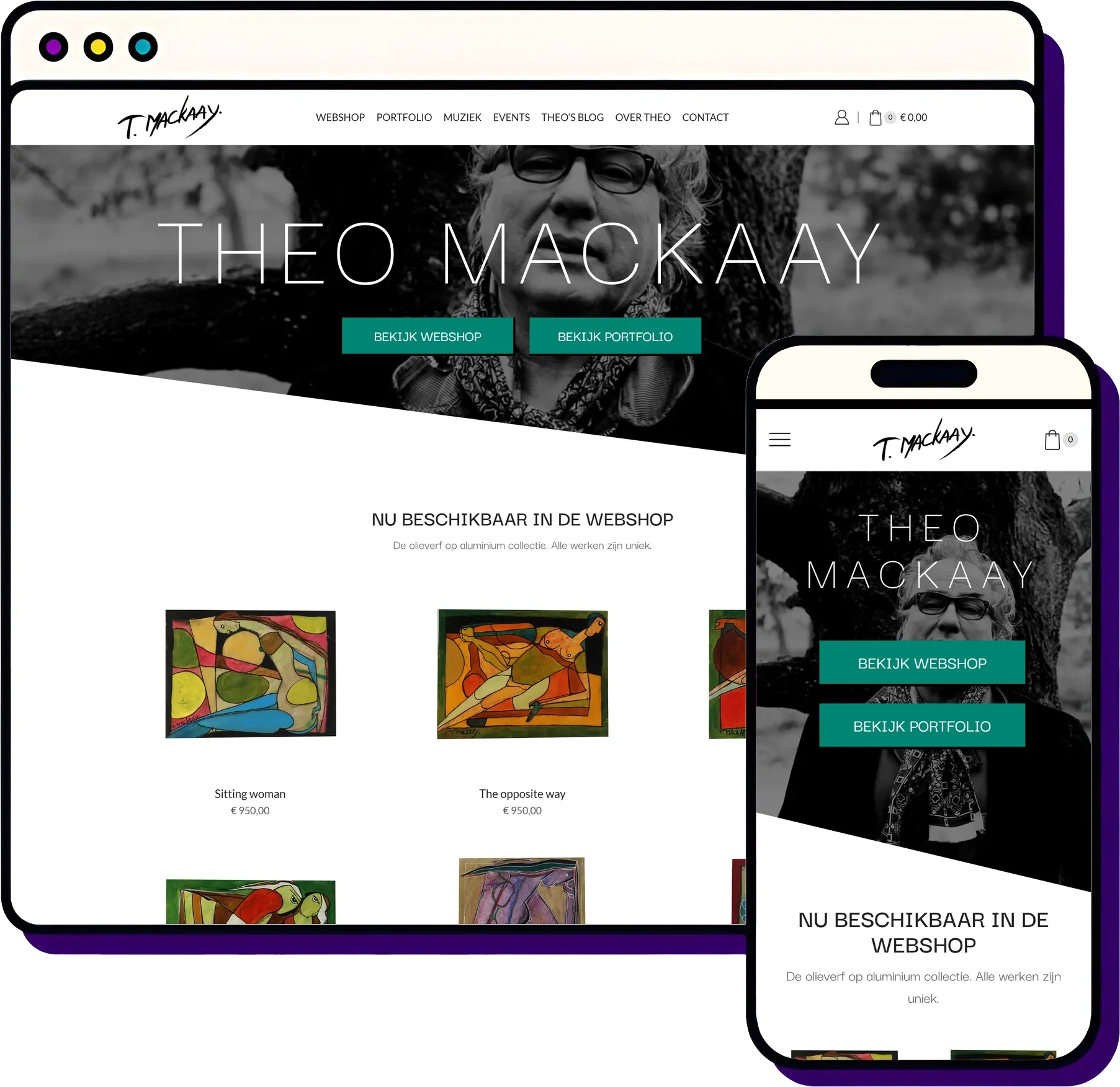 Theo Mackaay — Strakke website met webshop voor een legende