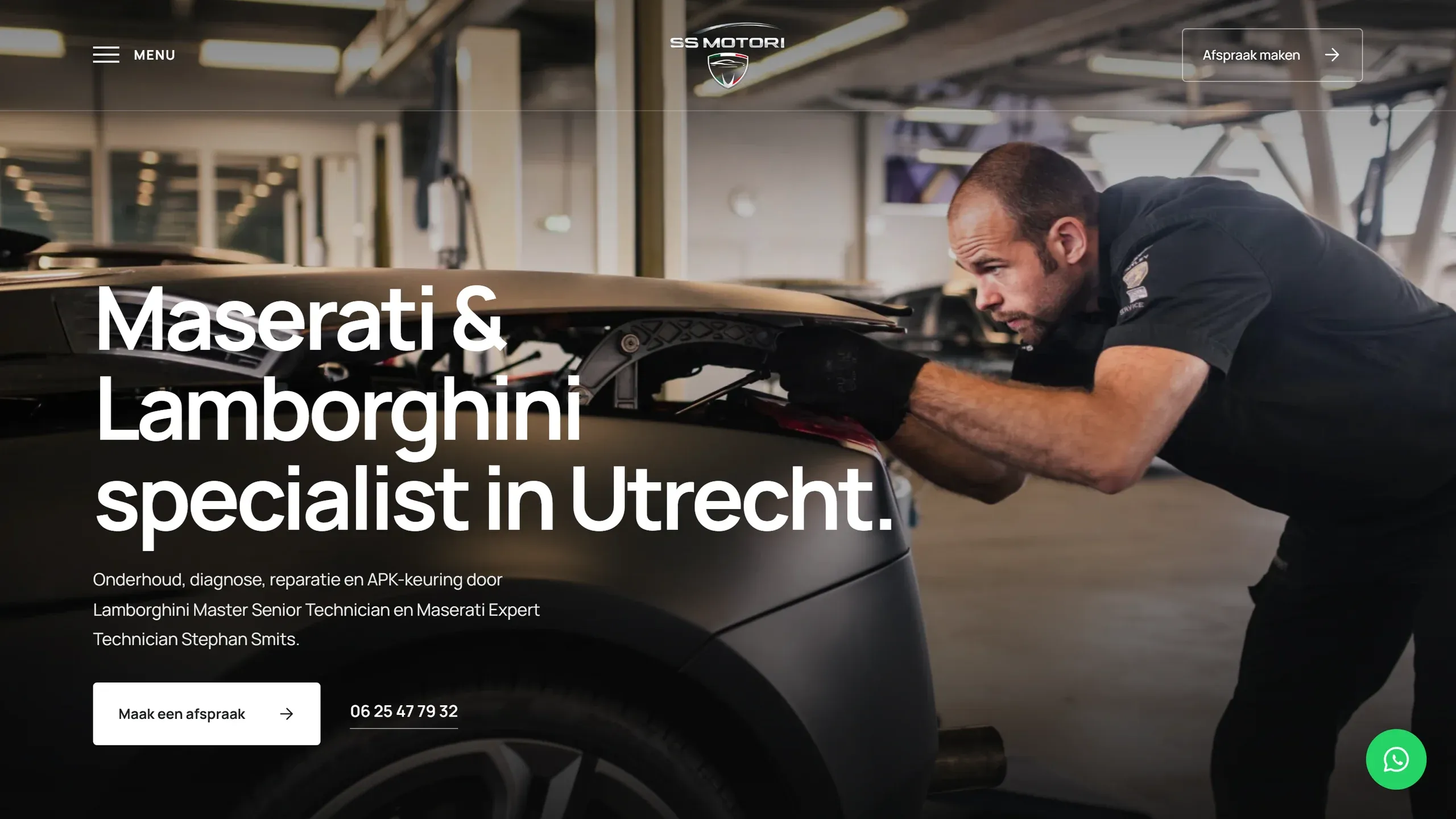 Bovenkant van de nieuwe website van SS Motori, met Stephan Smits aan het werk