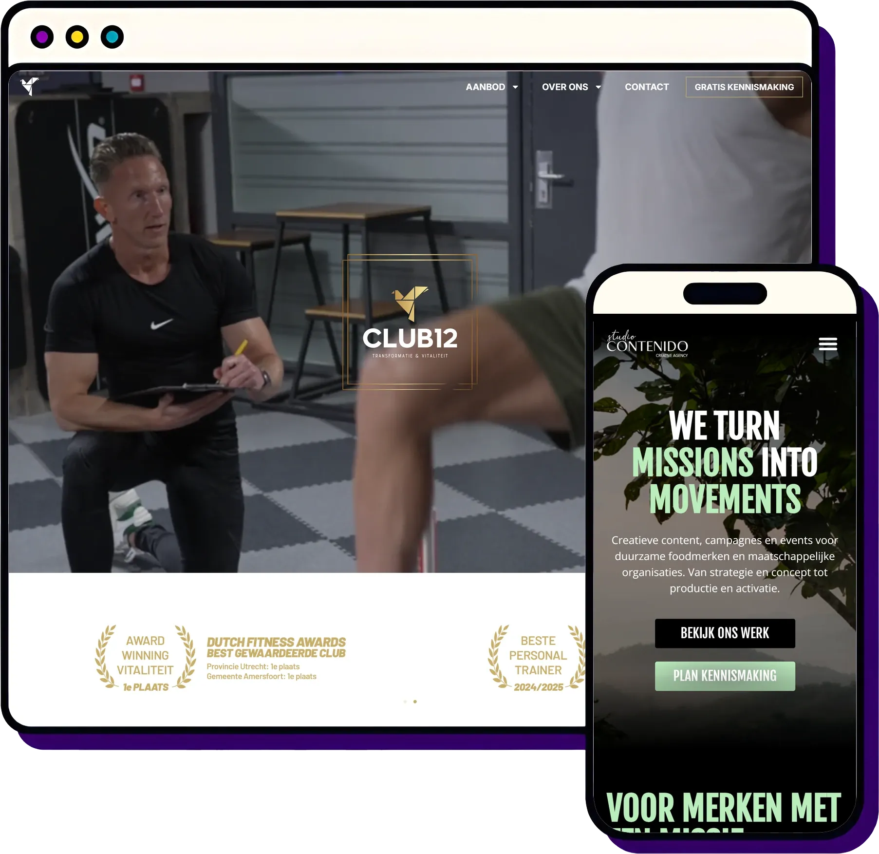 Website laten maken in Amersfoort door Froseo: Club12 op desktop, Studio Contenido op mobiel